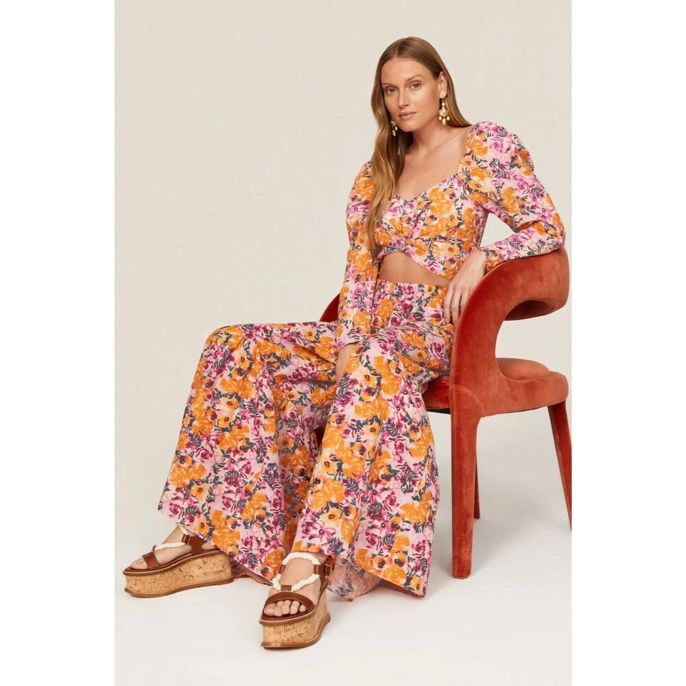 NWT Something Navy Linen Blend Set Crop Blouse Printed Flare Leg Pants Sz Medium